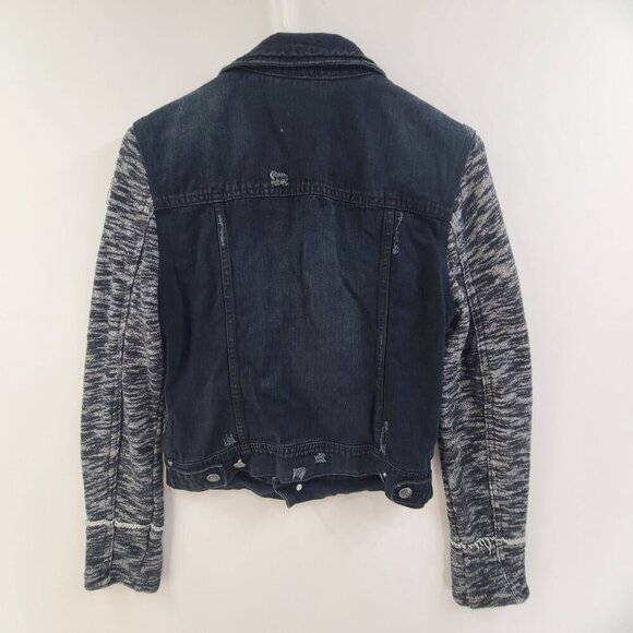 Free People Denim Jacket Layered Knit Hooded Dark Washed Women's Size Small - Picture 7 of 11